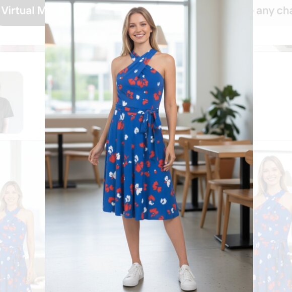 NWT  TAHARI ASL BLUE FLORAL HALTER NECKLINE FIT AND FLARE BELTED MIDI DRESS - Picture 1 of 9